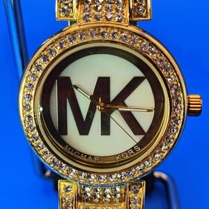 Vintage 2013 Michael Kors MK Logo Rhinestone Bust Down 35mm Women's Quartz Watch